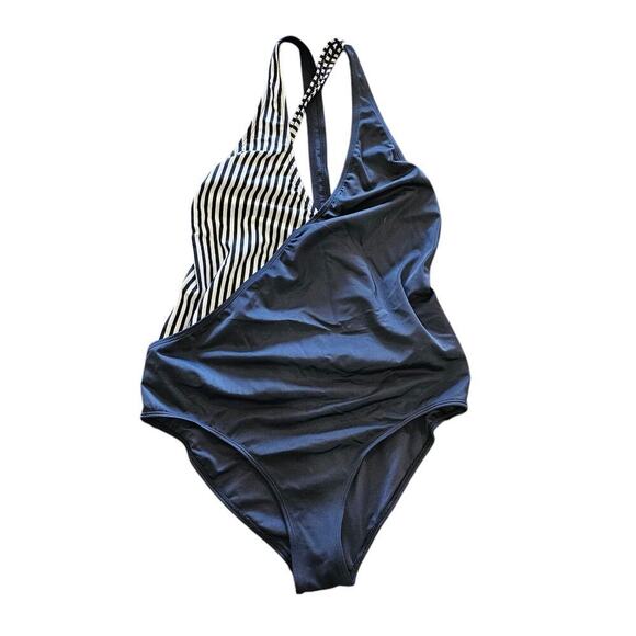 Topshop One Piece Swimsuit Black Stripe Multi Size 10 - Picture 1 of 4